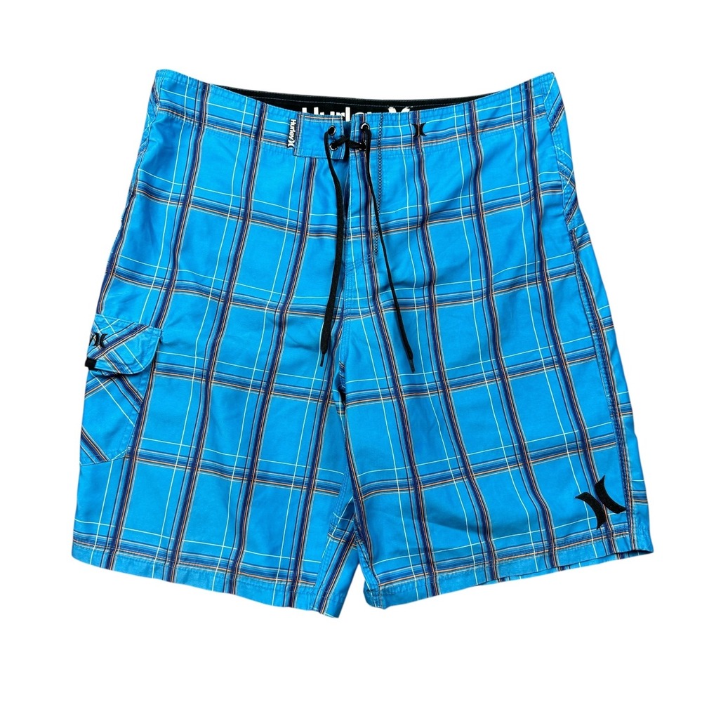Vtg Y2K Hurley Boardshorts Men 36 Blue Plaid Cargo Pocket Surfer Trunks